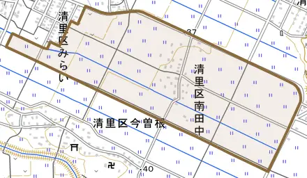 清里区南田中とその周辺の地図。町の範囲を重ねている