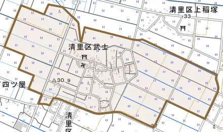 清里区武士とその周辺の地図。町の範囲を重ねている