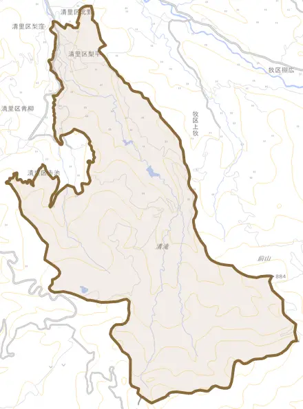 清里区梨平とその周辺の地図。町の範囲を重ねている