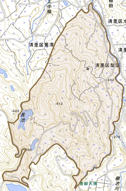 清里区梨窪とその周辺の地図。町の範囲を重ねている