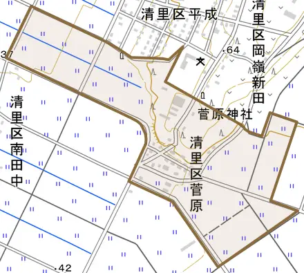 清里区菅原とその周辺の地図。町の範囲を重ねている