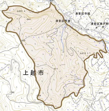 清里区鈴倉とその周辺の地図。町の範囲を重ねている
