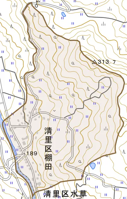 清里区棚田とその周辺の地図。町の範囲を重ねている