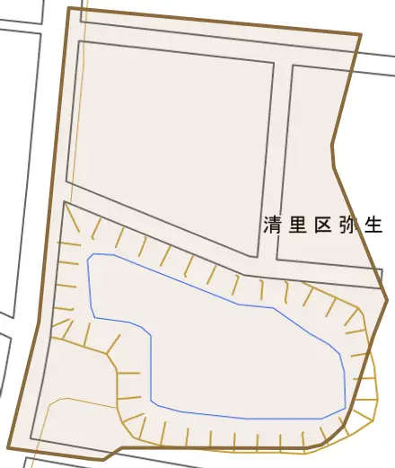 清里区弥生とその周辺の地図。町の範囲を重ねている
