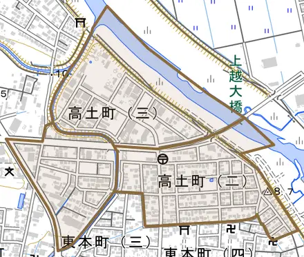 高土町とその周辺の地図。町の範囲を重ねている