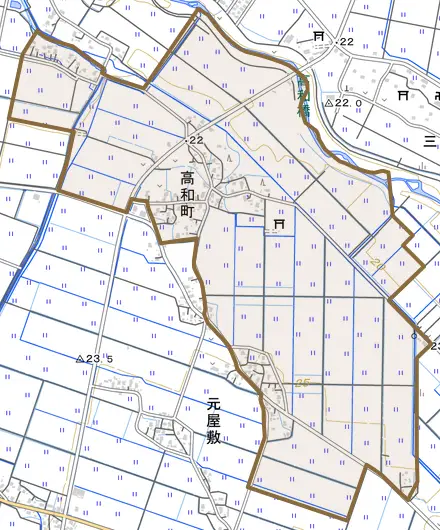 大字高和町とその周辺の地図。町の範囲を重ねている