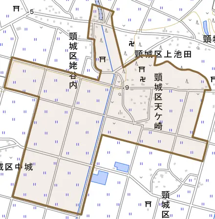 頸城区天ケ崎とその周辺の地図。町の範囲を重ねている