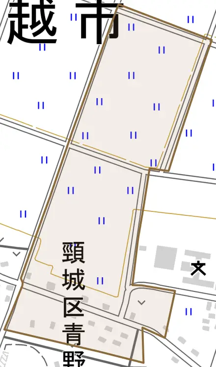 頸城区青野とその周辺の地図。町の範囲を重ねている
