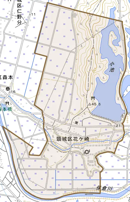 頸城区花ケ崎とその周辺の地図。町の範囲を重ねている