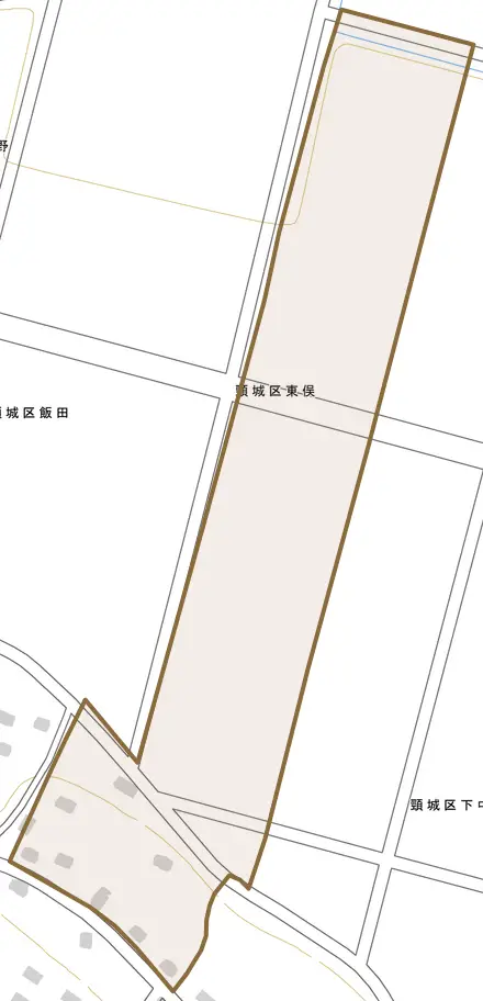 頸城区東俣とその周辺の地図。町の範囲を重ねている