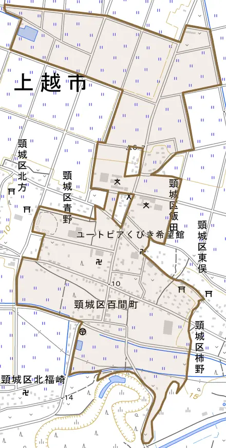 頸城区百間町とその周辺の地図。町の範囲を重ねている