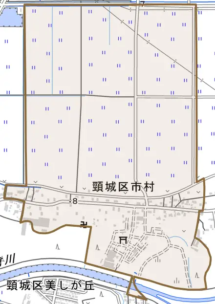 頸城区市村とその周辺の地図。町の範囲を重ねている