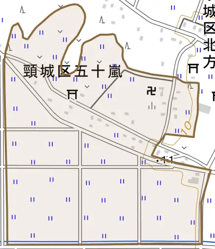 頸城区五十嵐とその周辺の地図。町の範囲を重ねている