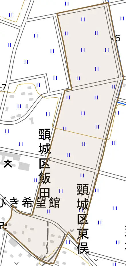 頸城区飯田とその周辺の地図。町の範囲を重ねている