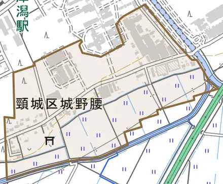 頸城区城野腰とその周辺の地図。町の範囲を重ねている