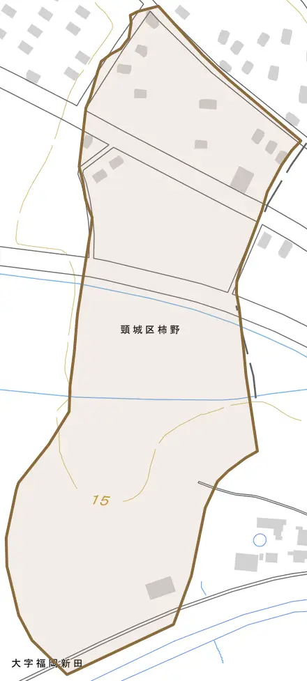 頸城区柿野とその周辺の地図。町の範囲を重ねている