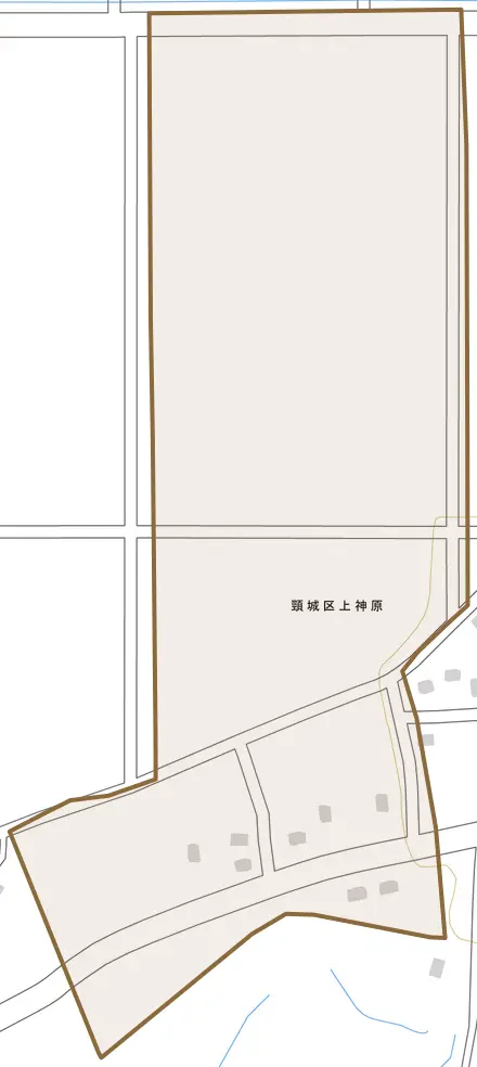頸城区上神原とその周辺の地図。町の範囲を重ねている