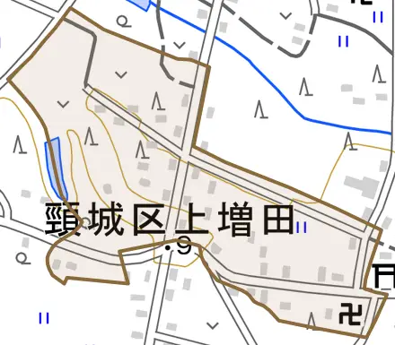 頸城区上増田とその周辺の地図。町の範囲を重ねている