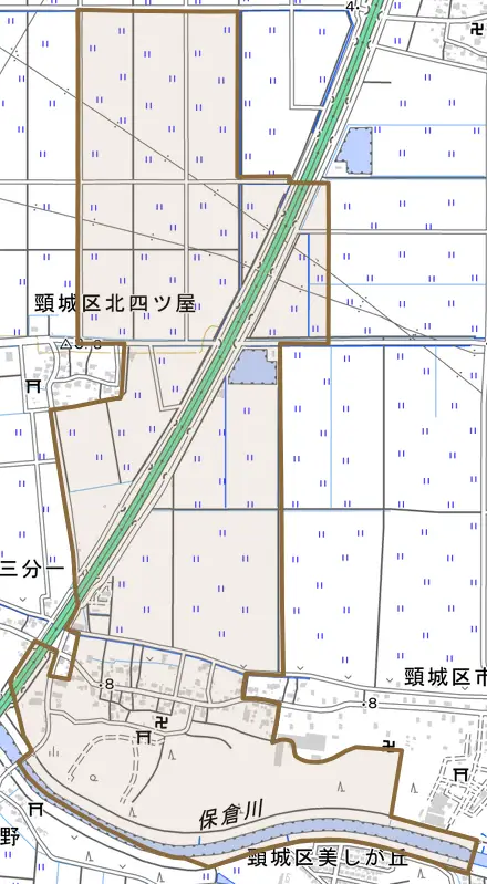 頸城区上三分一とその周辺の地図。町の範囲を重ねている