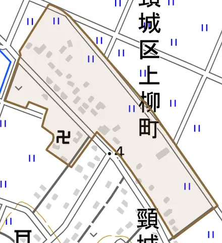 頸城区上柳町とその周辺の地図。町の範囲を重ねている