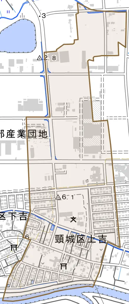 頸城区上吉とその周辺の地図。町の範囲を重ねている