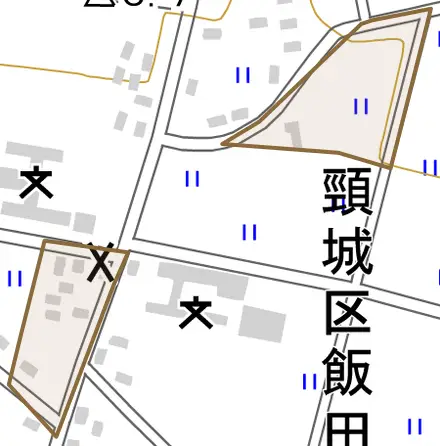 頸城区潟口とその周辺の地図。町の範囲を重ねている