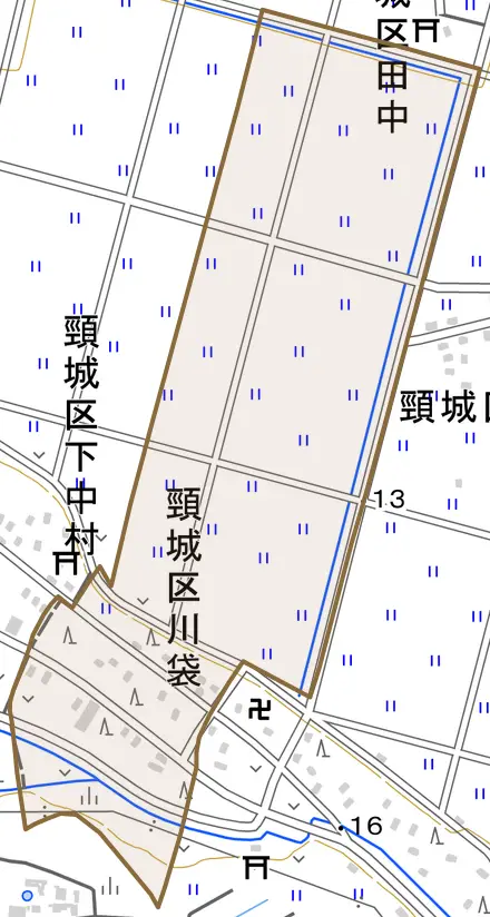 頸城区川袋とその周辺の地図。町の範囲を重ねている