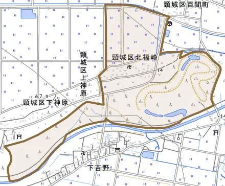 頸城区北福崎とその周辺の地図。町の範囲を重ねている