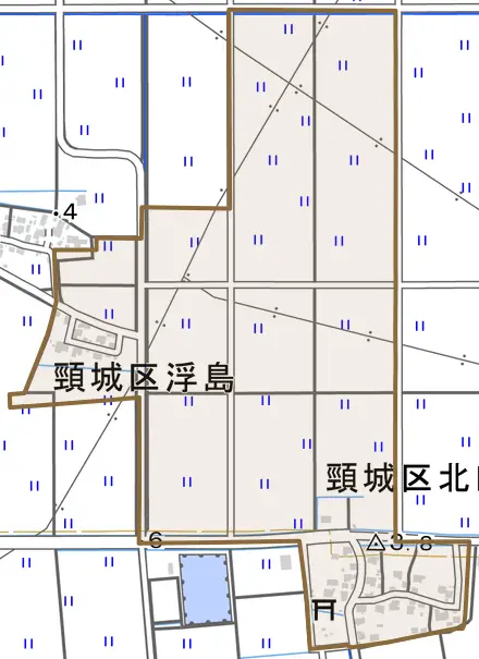 頸城区北四ツ屋とその周辺の地図。町の範囲を重ねている