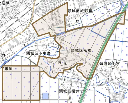 頸城区松橋とその周辺の地図。町の範囲を重ねている