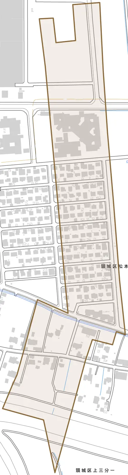 頸城区松本とその周辺の地図。町の範囲を重ねている