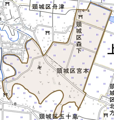 頸城区宮本とその周辺の地図。町の範囲を重ねている
