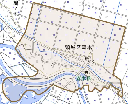 頸城区森本とその周辺の地図。町の範囲を重ねている