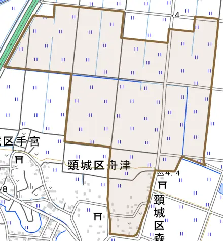 頸城区森下とその周辺の地図。町の範囲を重ねている