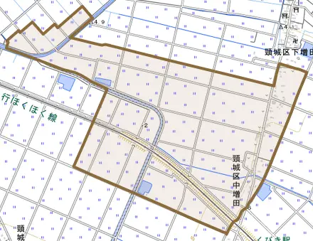 頸城区中増田とその周辺の地図。町の範囲を重ねている