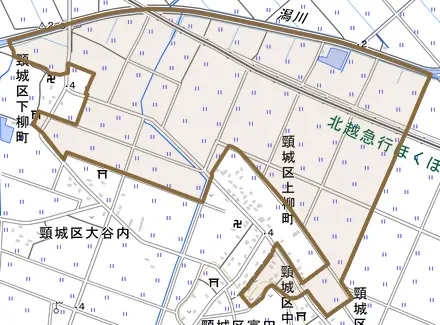 頸城区中柳町とその周辺の地図。町の範囲を重ねている