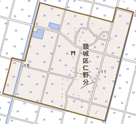頸城区仁野分とその周辺の地図。町の範囲を重ねている