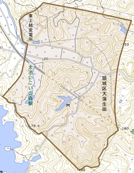 頸城区大蒲生田とその周辺の地図。町の範囲を重ねている