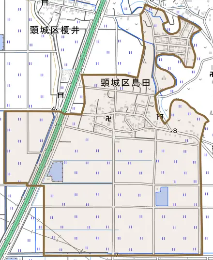 頸城区島田とその周辺の地図。町の範囲を重ねている