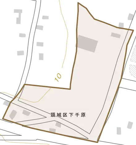 頸城区下千原とその周辺の地図。町の範囲を重ねている