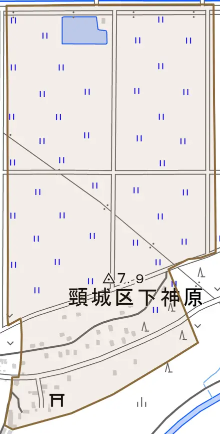 頸城区下神原とその周辺の地図。町の範囲を重ねている