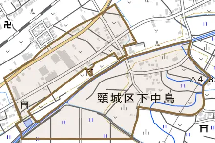 頸城区下中島とその周辺の地図。町の範囲を重ねている