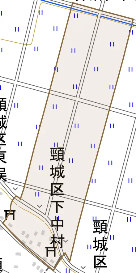 頸城区下中村とその周辺の地図。町の範囲を重ねている