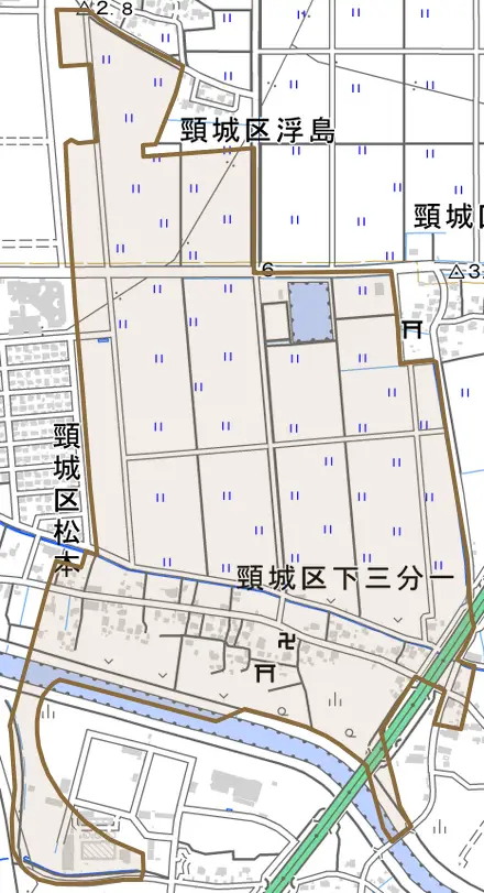 頸城区下三分一とその周辺の地図。町の範囲を重ねている