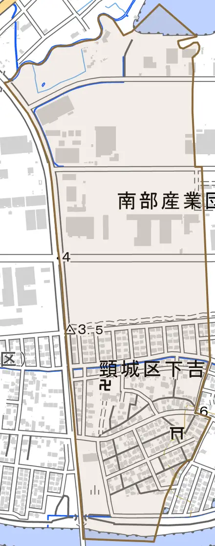 頸城区下吉とその周辺の地図。町の範囲を重ねている