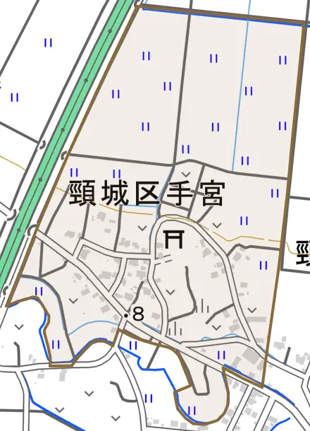 頸城区手宮とその周辺の地図。町の範囲を重ねている