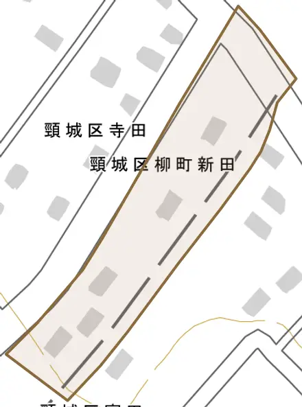 頸城区富田とその周辺の地図。町の範囲を重ねている