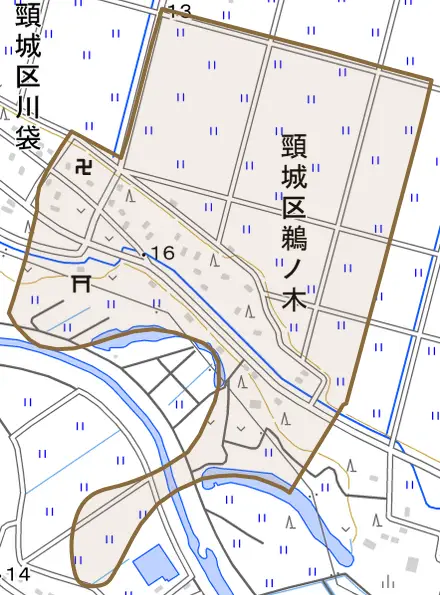 頸城区鵜ノ木とその周辺の地図。町の範囲を重ねている