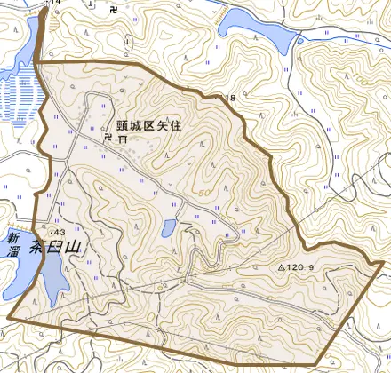 頸城区矢住とその周辺の地図。町の範囲を重ねている