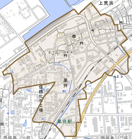 大字黒井とその周辺の地図。町の範囲を重ねている